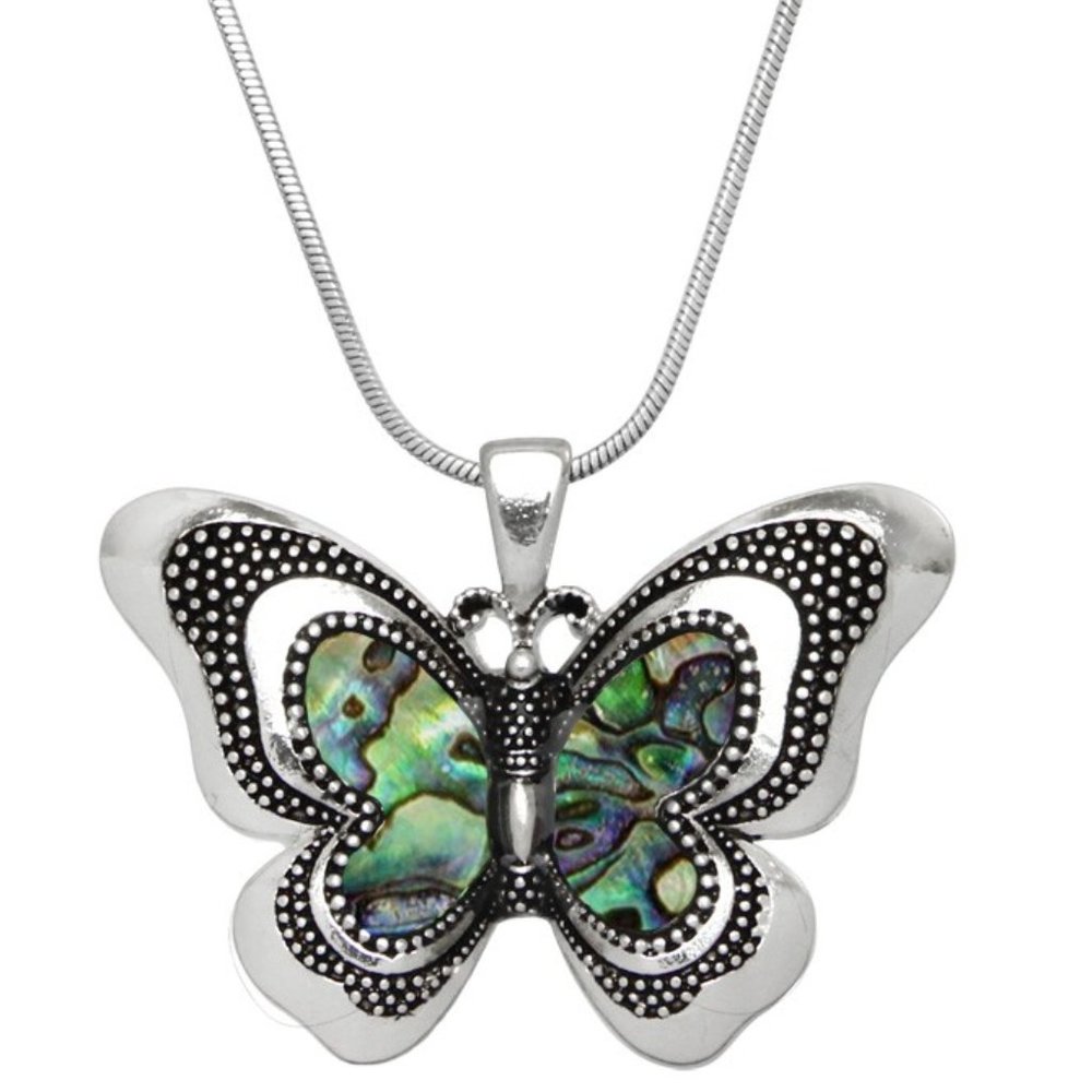 Abalone‎ Butterfly Necklace Silver Tone